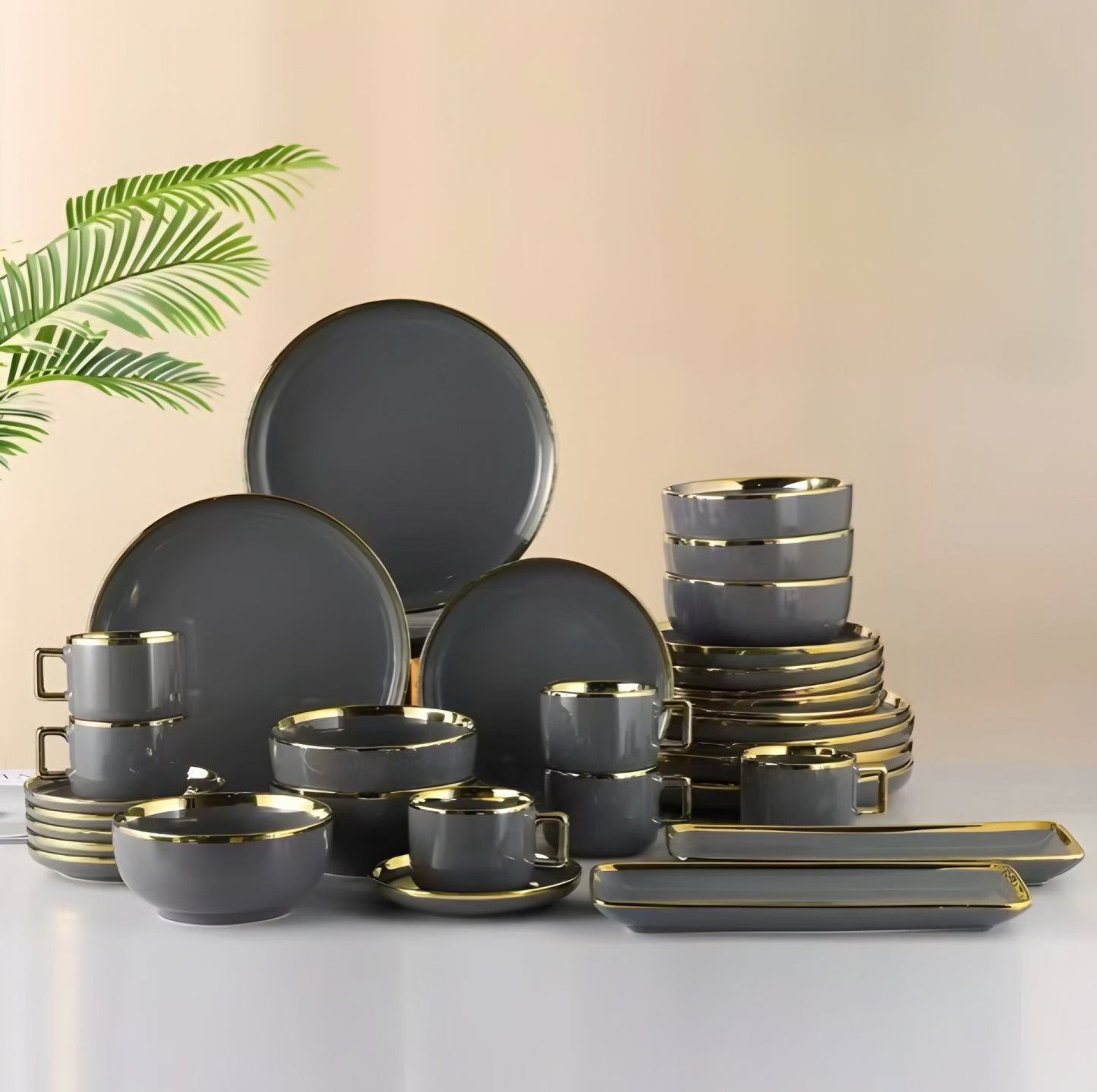 Gray Gold 32 pcs Dinner Set Finest Premium Porcelain