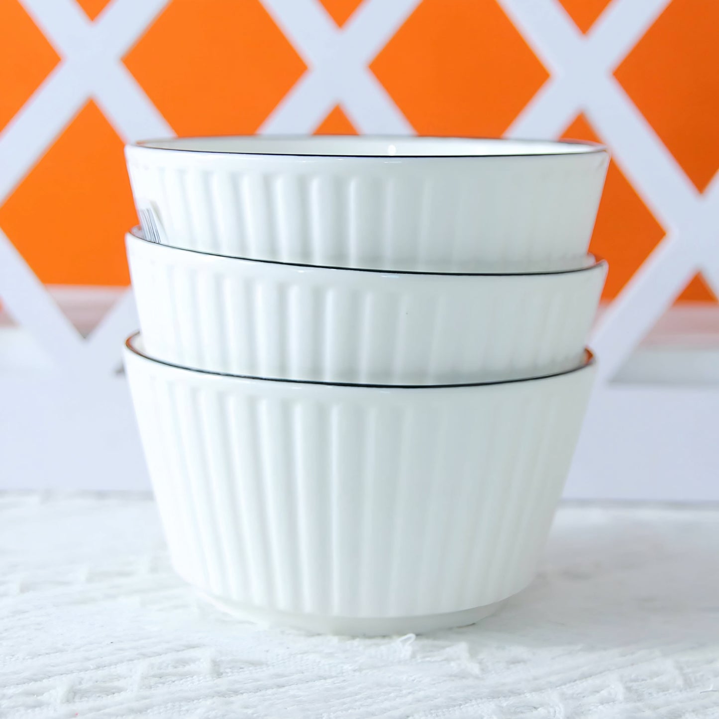 Black-edged Fluted White Ceramic American Bowl - 4.5 inch