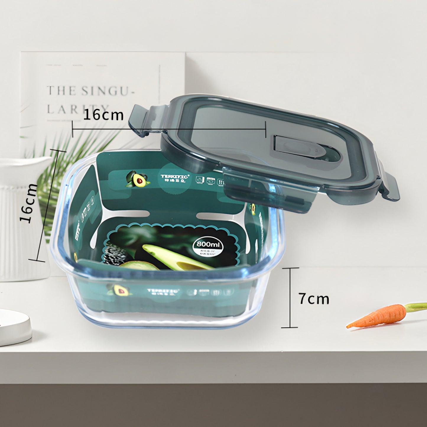 Transparent glass square container with airtight lid 800ml - Teal Blue