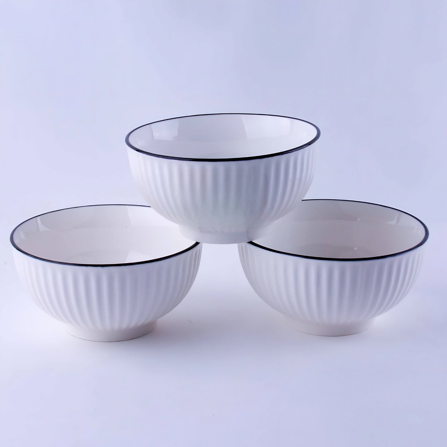 Black-edged Fluted White Ceramic Yamada Bowl - 5 inch