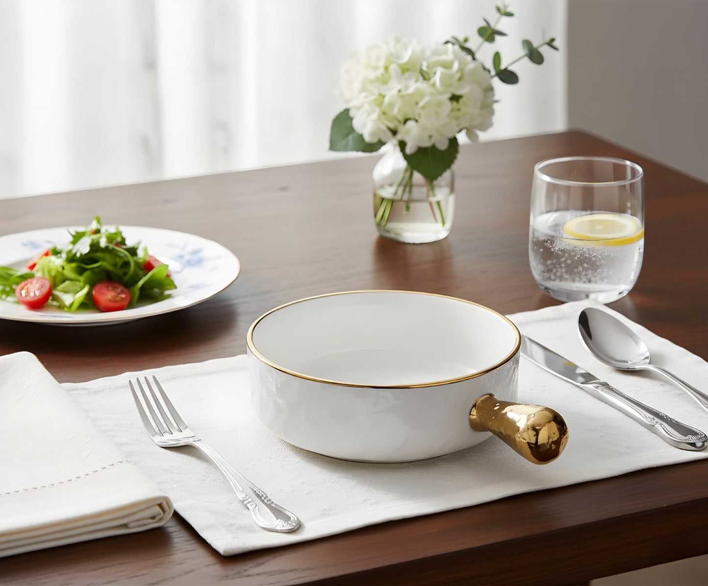 White Gold Textured Premium Porcelain Ceramic Bowl with Handle - 8 inch