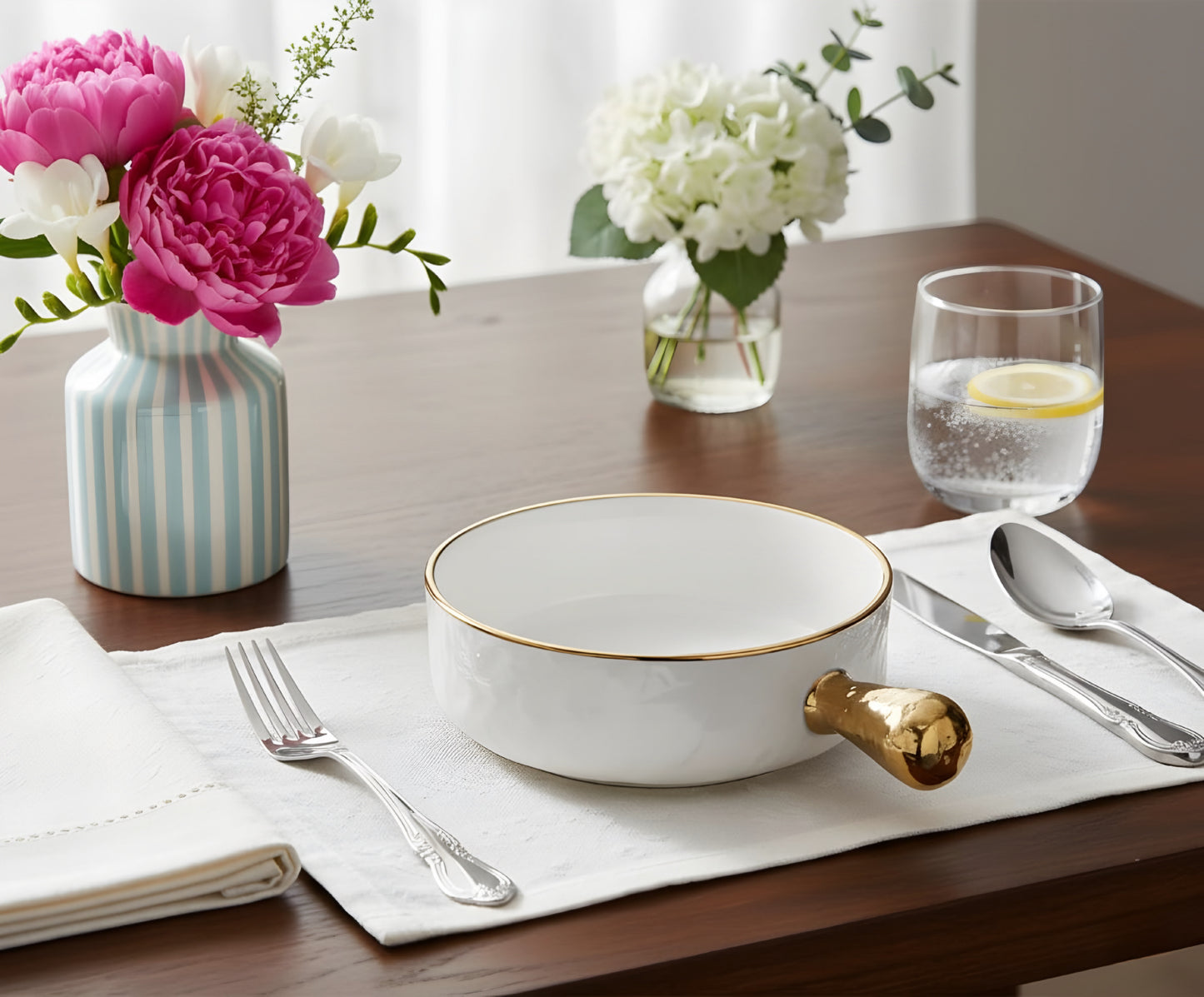 White Gold Textured Premium Porcelain Ceramic Bowl with Handle - 8 inch