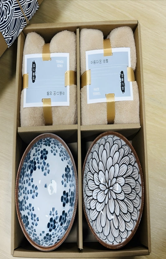 Japanese Style Pack of 2 Ceramic Bowl & 2 Hand Towel