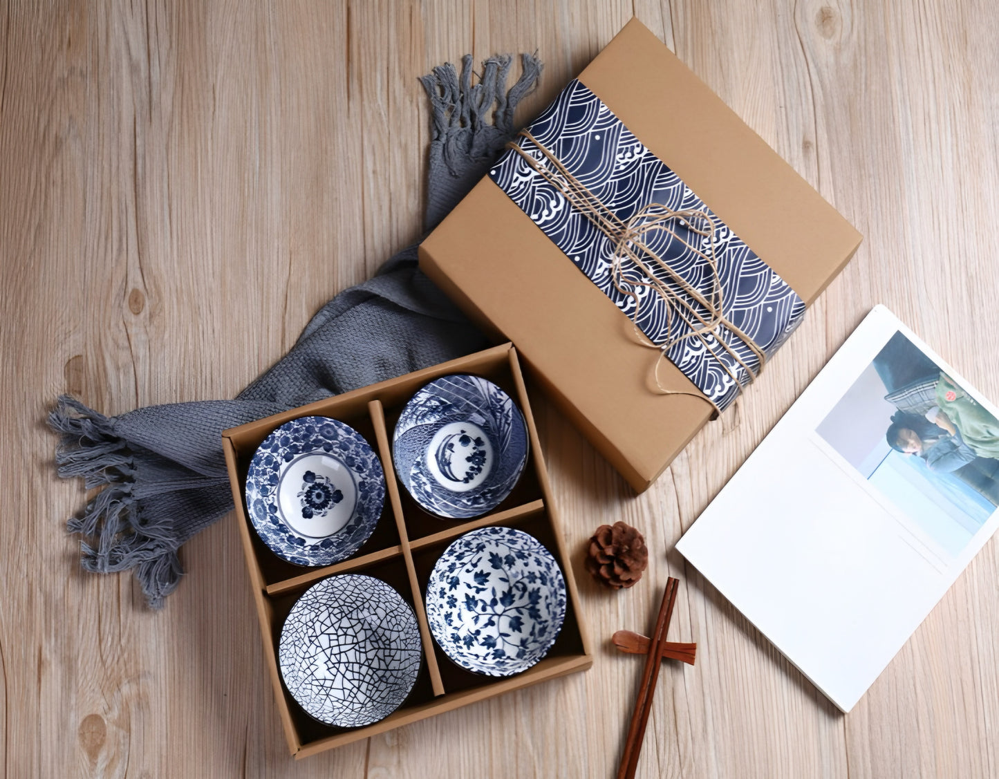 Japanese Style Pack of 4 Ceramic Bowl Blue & White Mix
