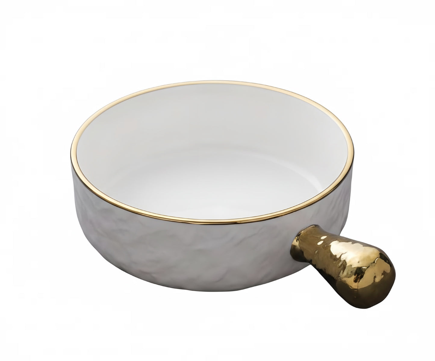 White Gold Textured Premium Porcelain Ceramic Bowl with Handle - 8 inch