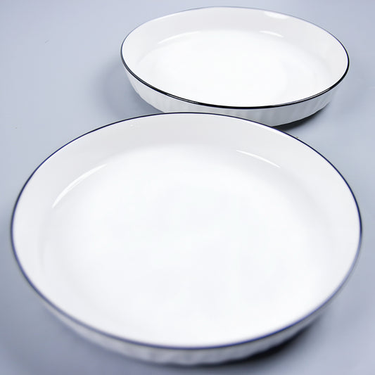 Black rimmed white porcelain ceramic plate - 8 inch