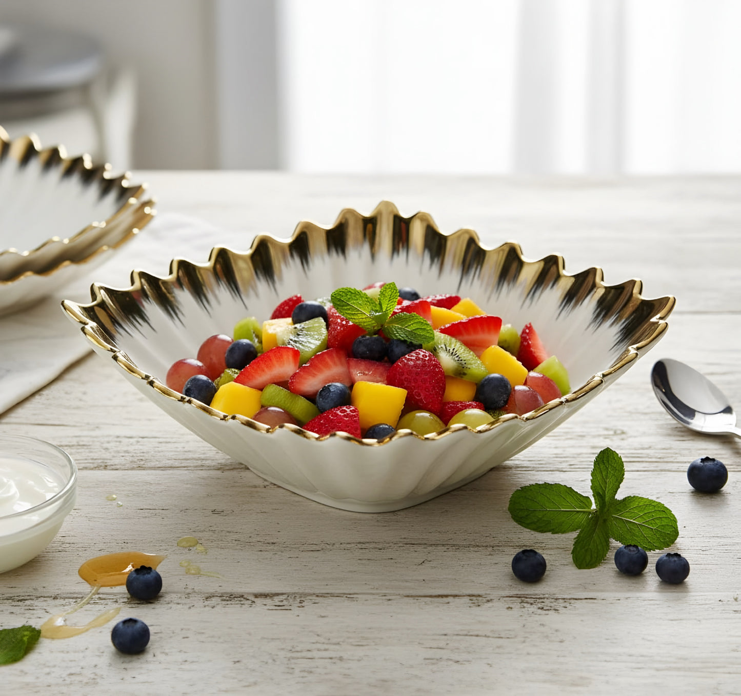 Square Premium Ceramic Salad Serving Bowl Large with Revolving Stand