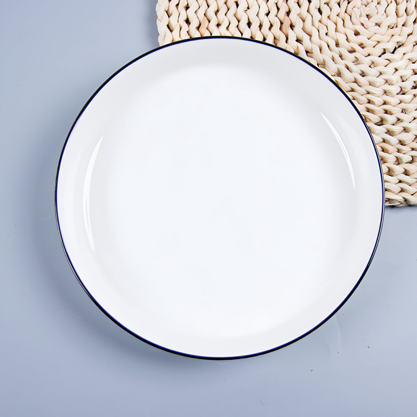 Black rimmed white porcelain ceramic plate - 8 inch