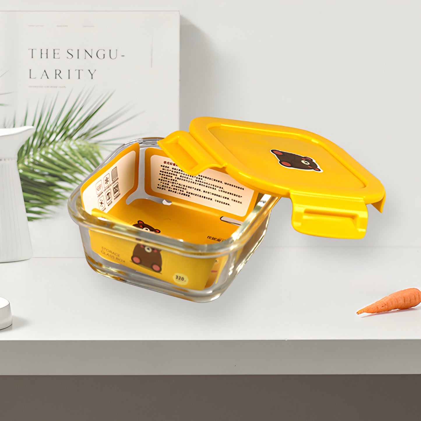 Transparent glass square container with airtight lid 320ml - Yellow