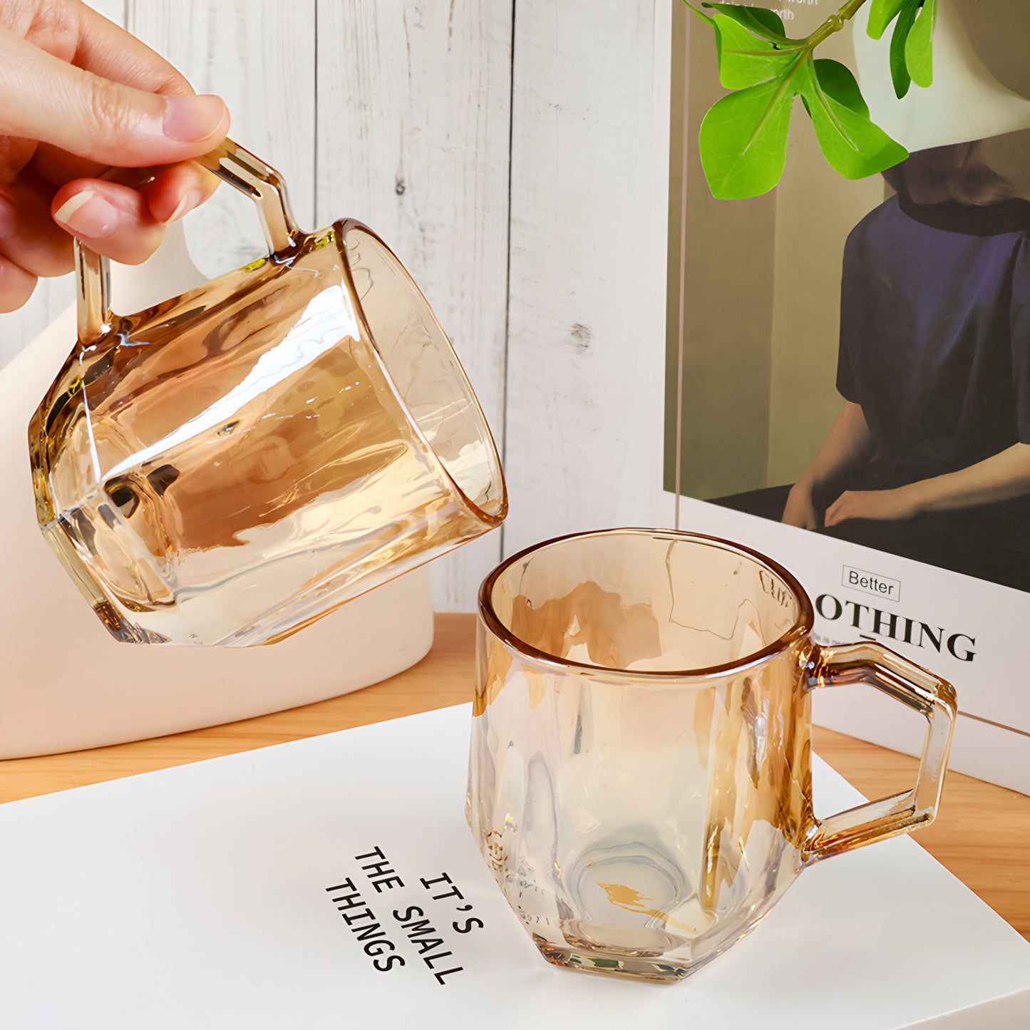 Amber Hexagonal Glass Cup - pack of 6