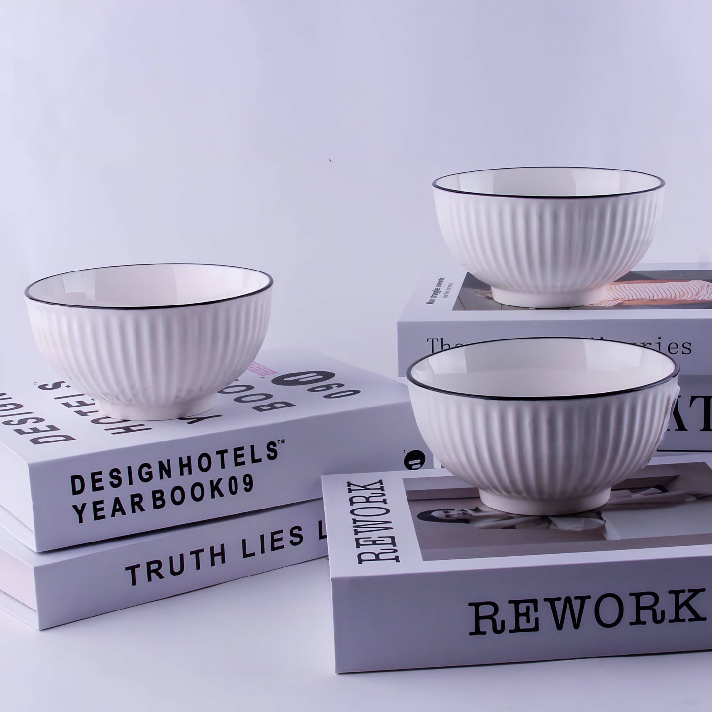 Black-edged Fluted White Ceramic Yamada Bowl - 5 inch