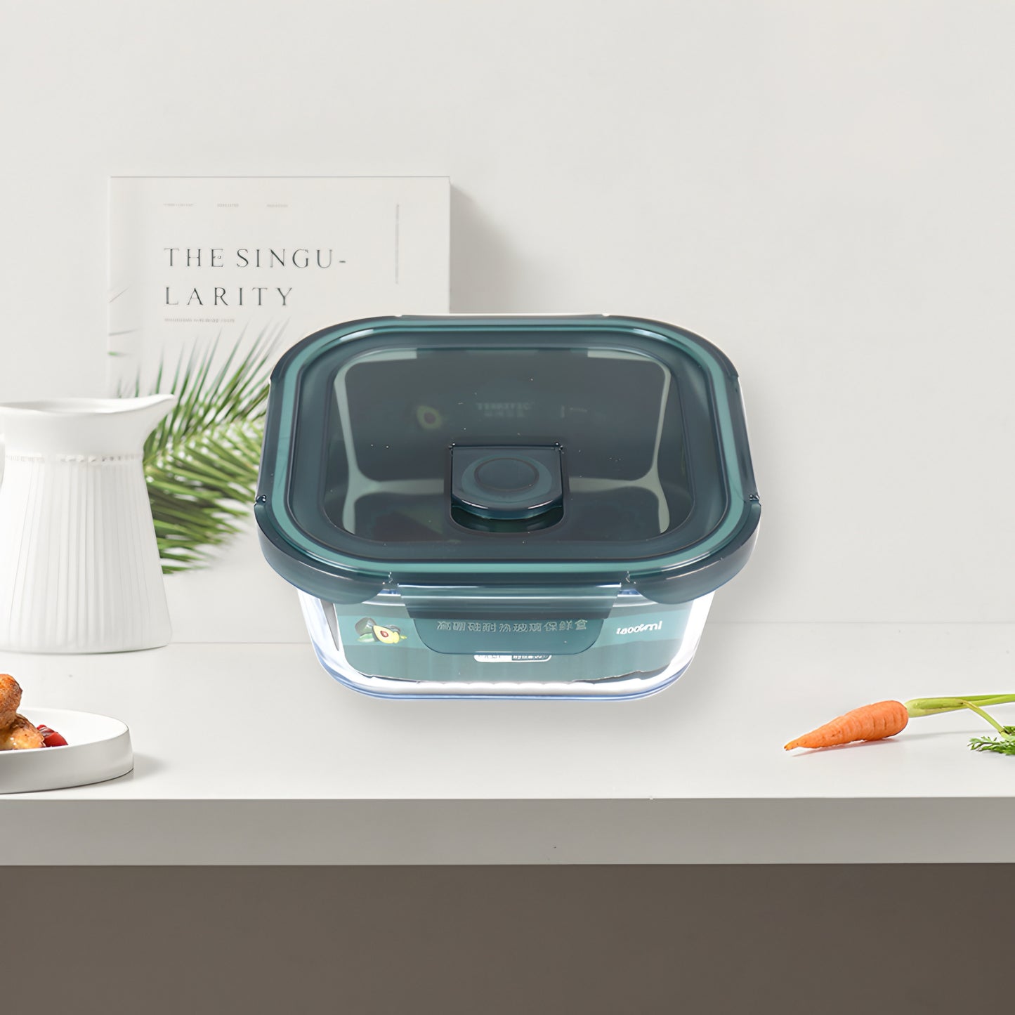 Transparent glass square container with airtight lid 800ml - Teal Blue