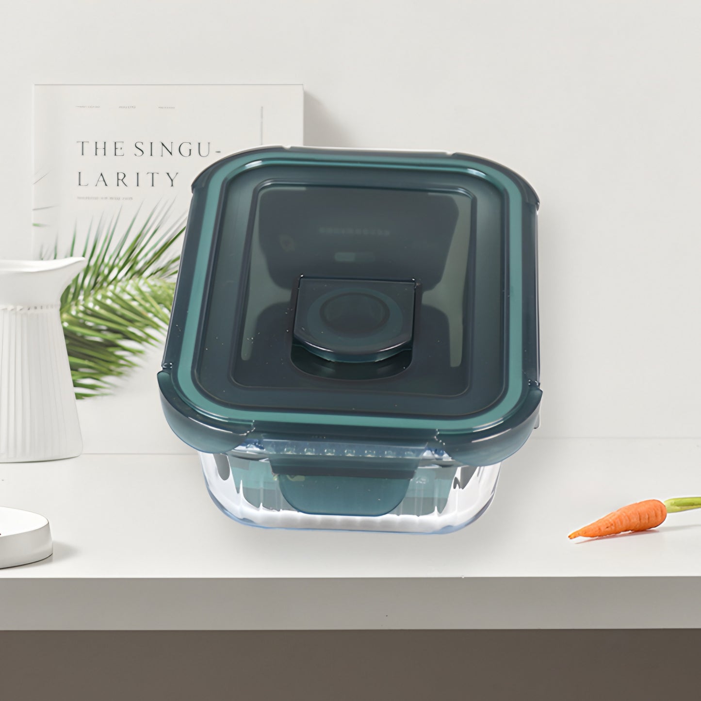 Transparent glass rectangular container with airtight lid 370ml - Teal Blue