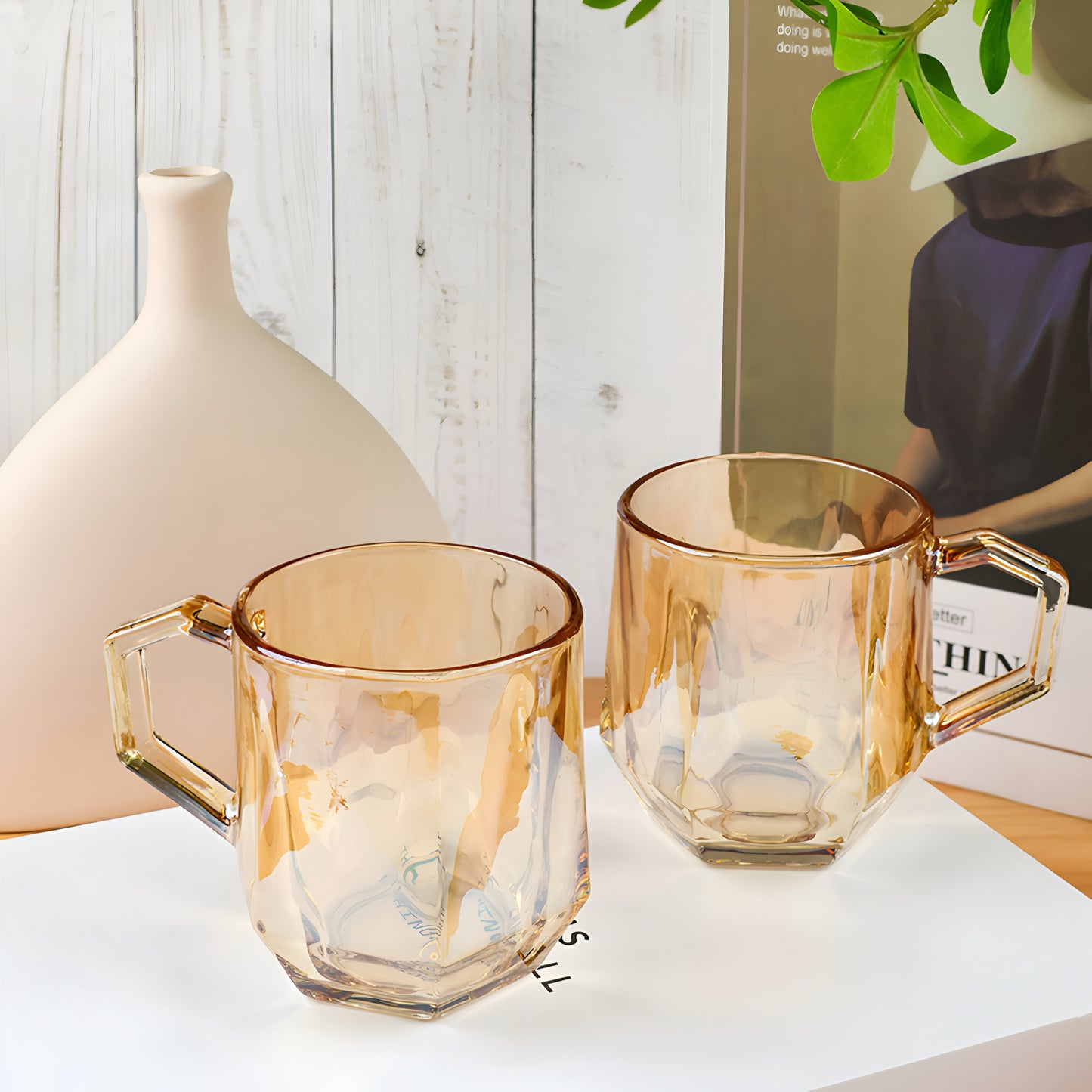 Amber Hexagonal Glass Cup - pack of 6