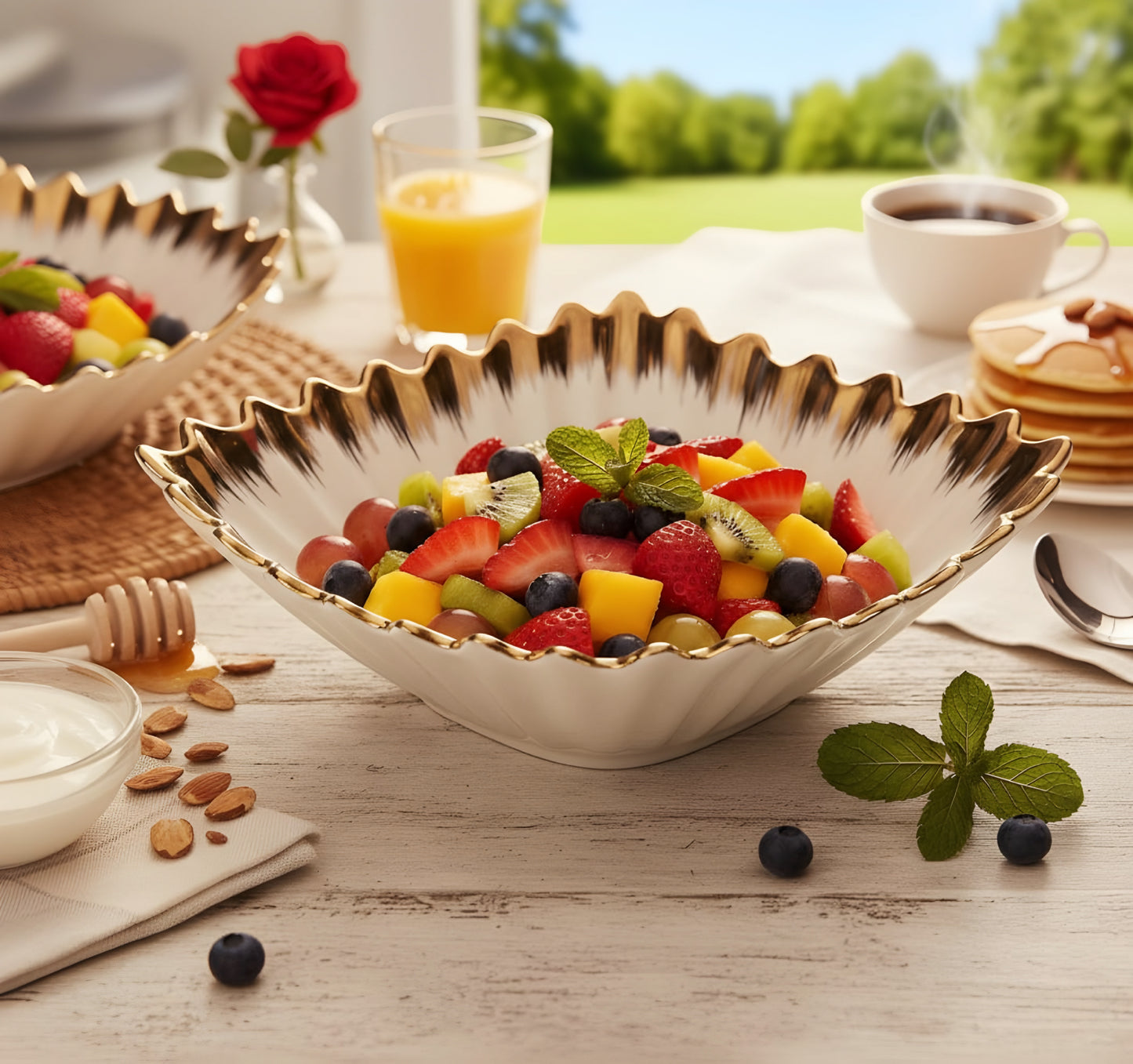 Square Premium Ceramic Salad Serving Bowl Large with Revolving Stand