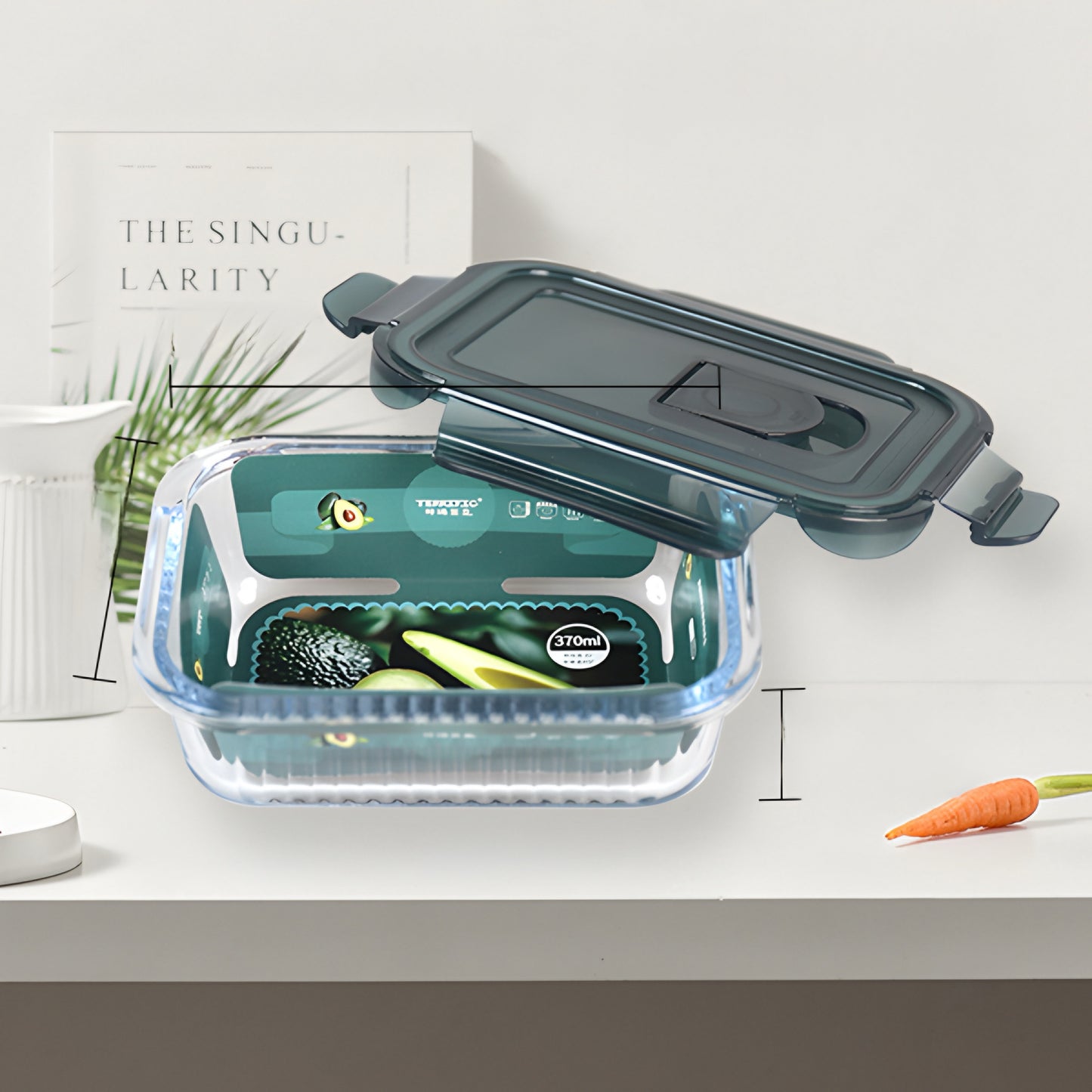 Transparent glass rectangular container with airtight lid 370ml - Teal Blue