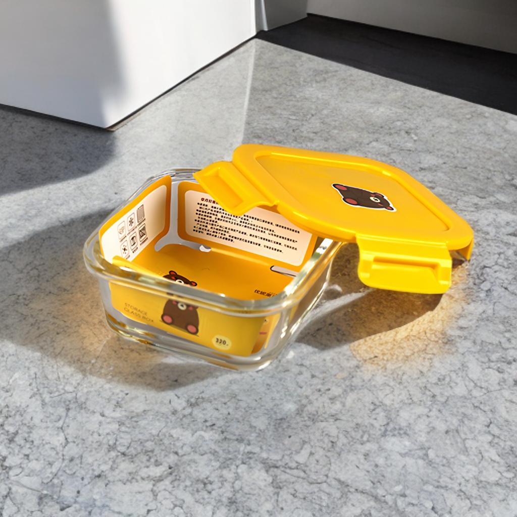 Transparent glass square container with airtight lid 520ml - Yellow
