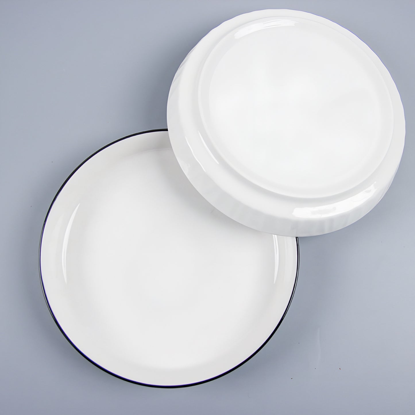 Black rimmed white porcelain ceramic plate - 8 inch