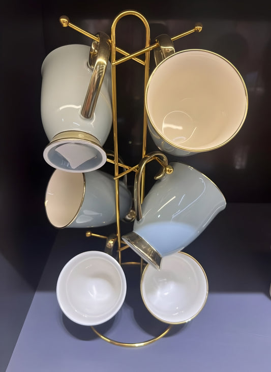 Blue Ceramic Premium Cups with Stand Set of 6 pcs