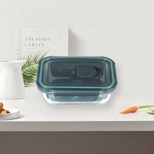 Transparent glass rectangular container with airtight lid 370ml - Teal Blue