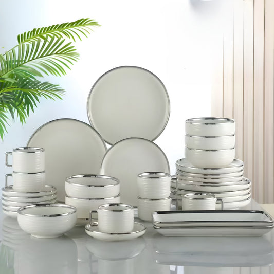 Rippled Silver 32 pcs Dinner Set Finest Premium Porcelain