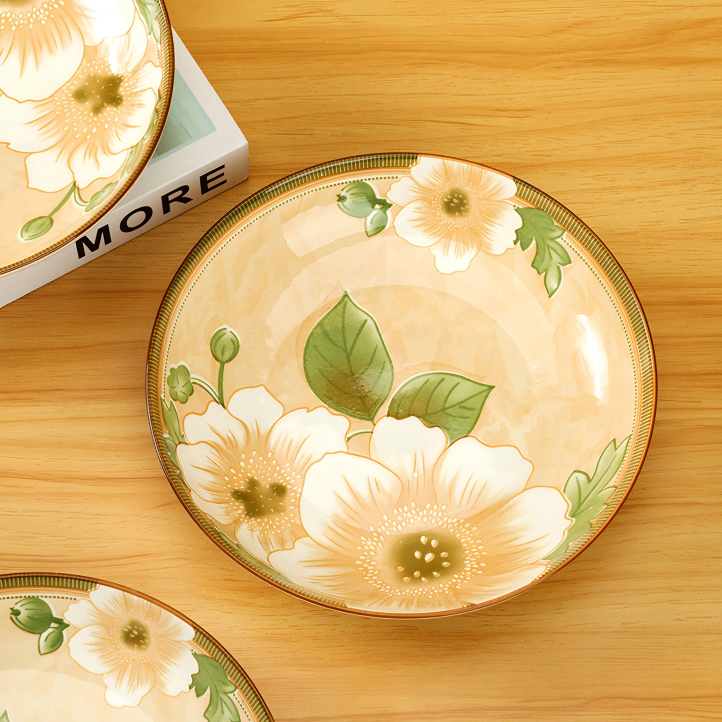 Camellia vertical grain porcelain ceramic plate - 8 inch