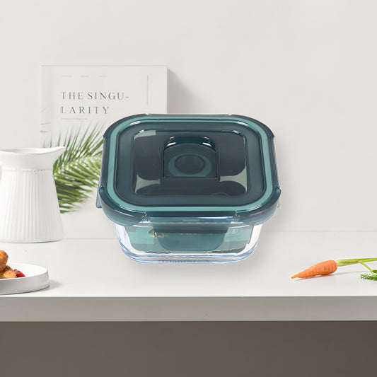 Transparent glass square container with airtight lid 520ml - Teal Blue