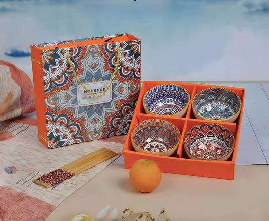 Bohemian series 4 Premium Porcelain Bowls & 4 Chopsticks Set