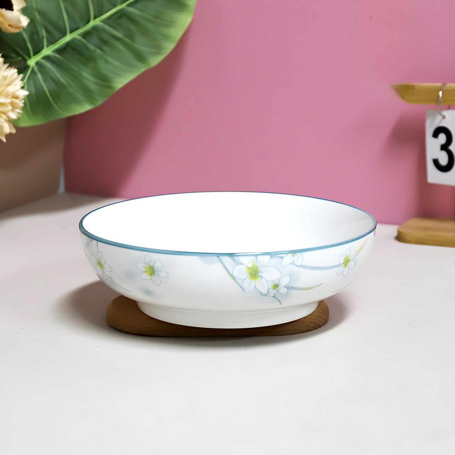 Blue daffodils porcelain ceramic serving bowl - 9 inch