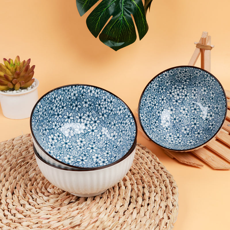 Floral blue white striped porcelain ceramic bowl