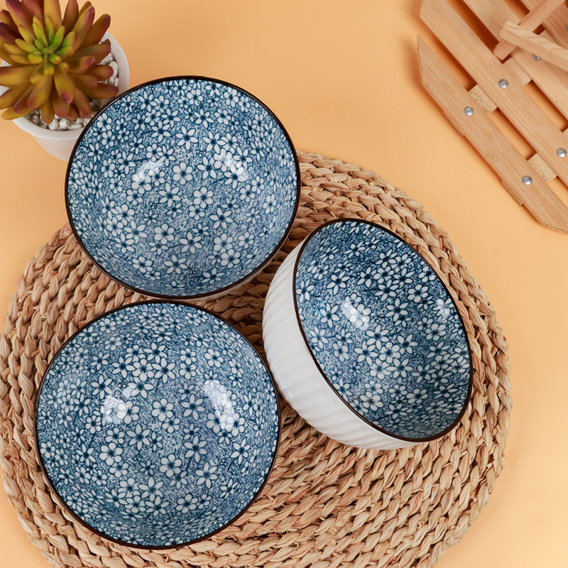 Floral blue white striped porcelain ceramic bowl