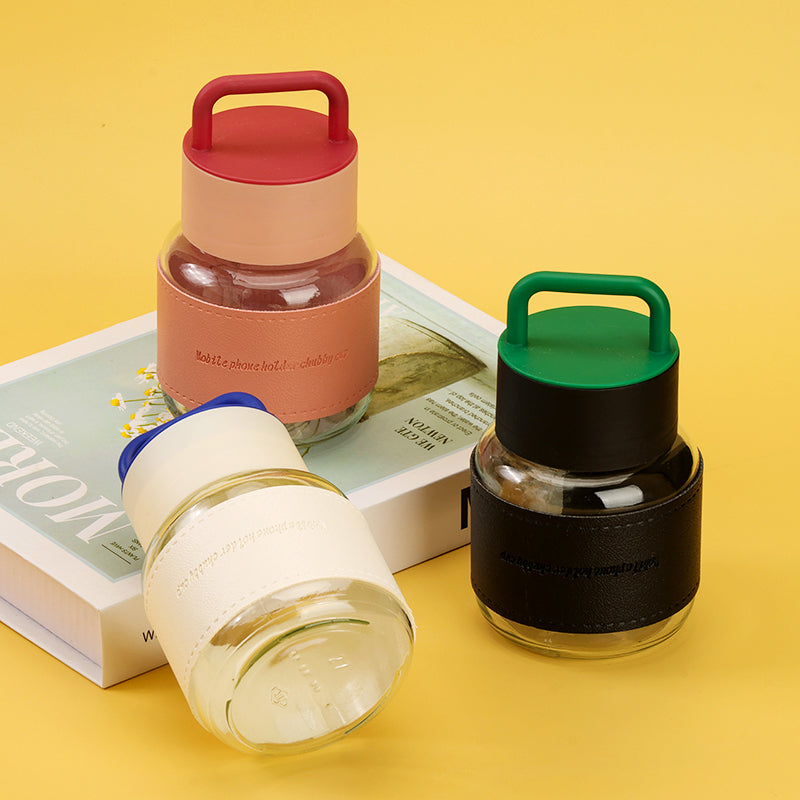 Hand-held chubby leather case glass jar