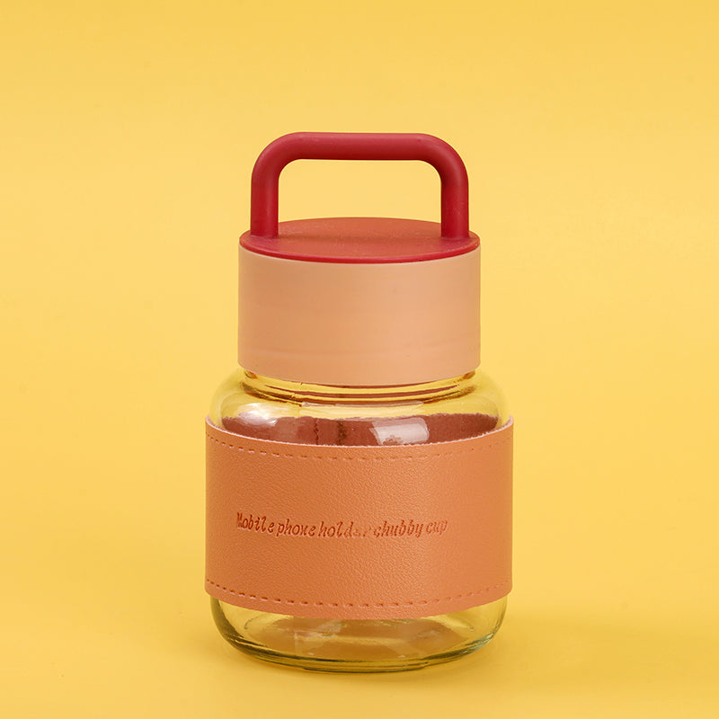 Hand-held chubby leather case glass jar
