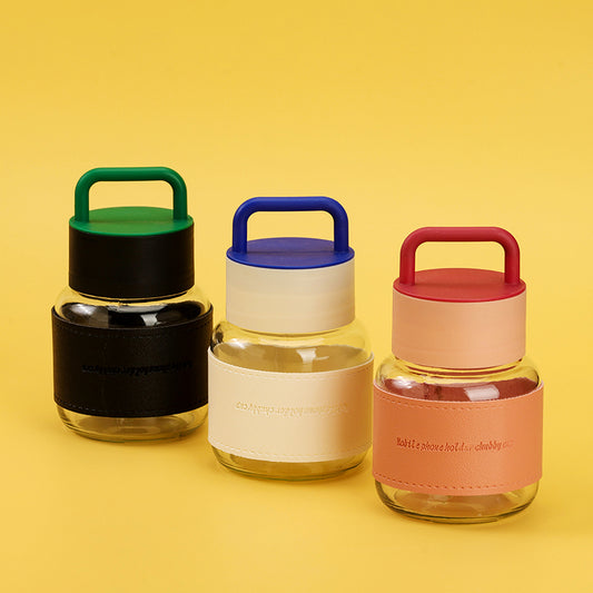 Hand-held chubby leather case glass jar