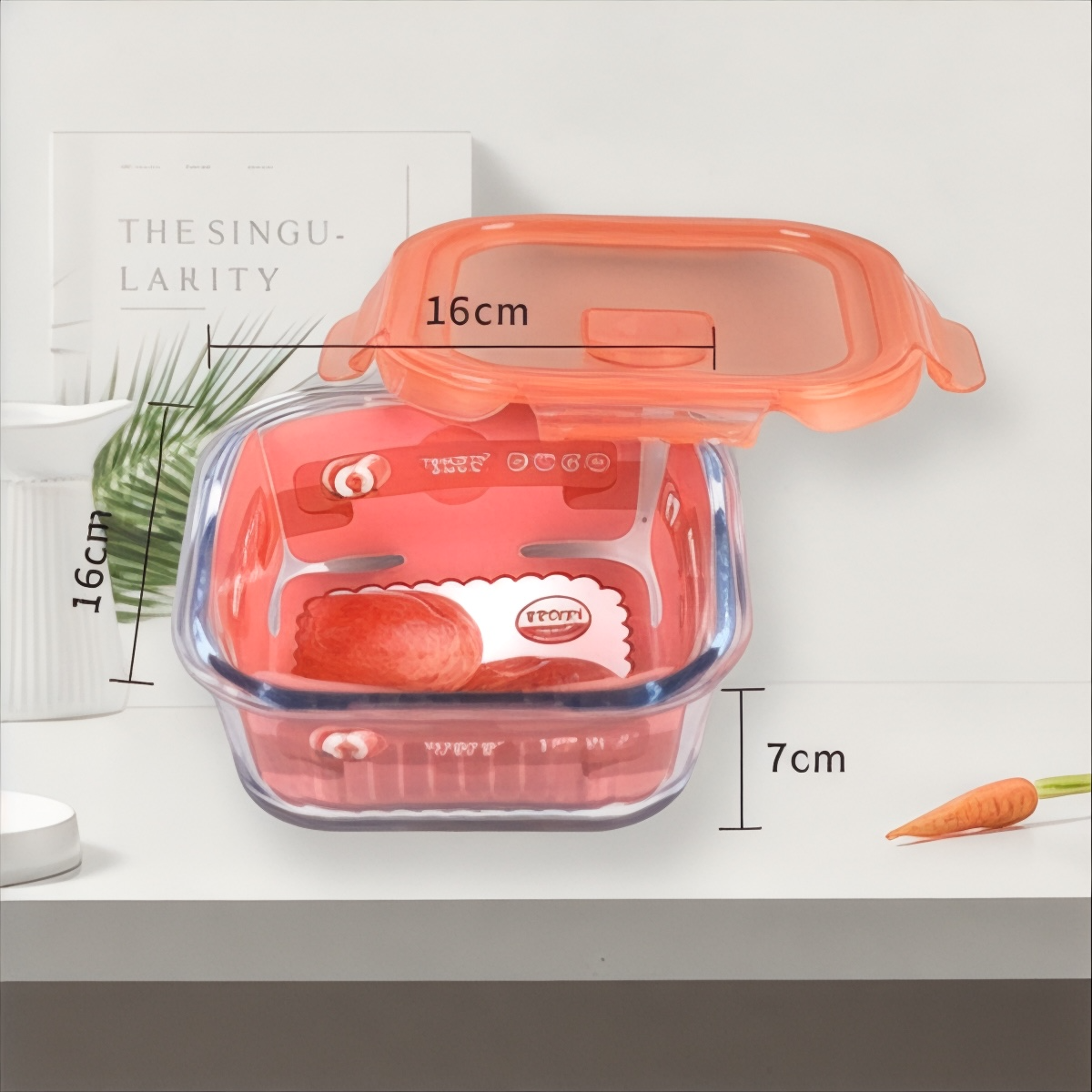 Transparent glass square container with airtight lid 800ml - Orange