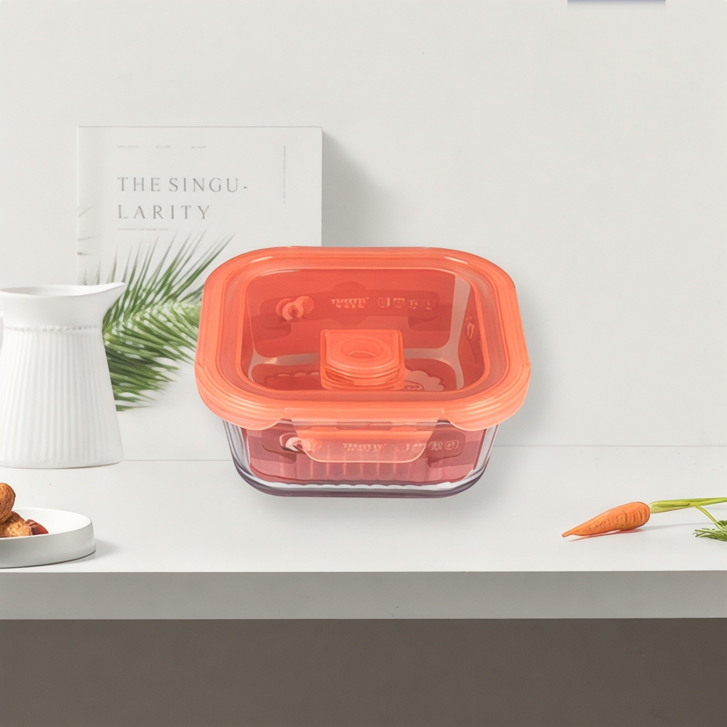 Transparent glass square container with airtight lid 800ml - Orange