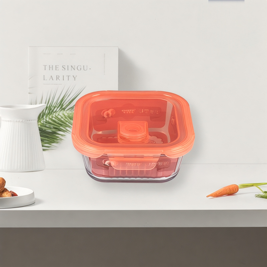 Transparent glass square container with airtight lid 800ml - Orange