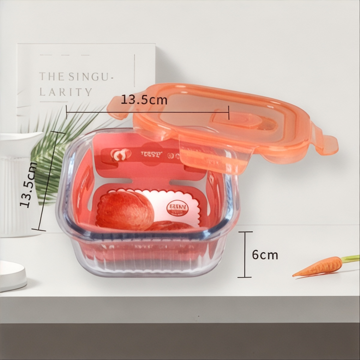 Transparent glass square container with airtight lid 520ml - Orange