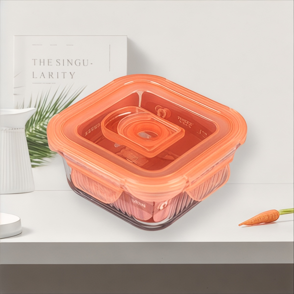 Transparent glass square container with airtight lid 800ml - Orange