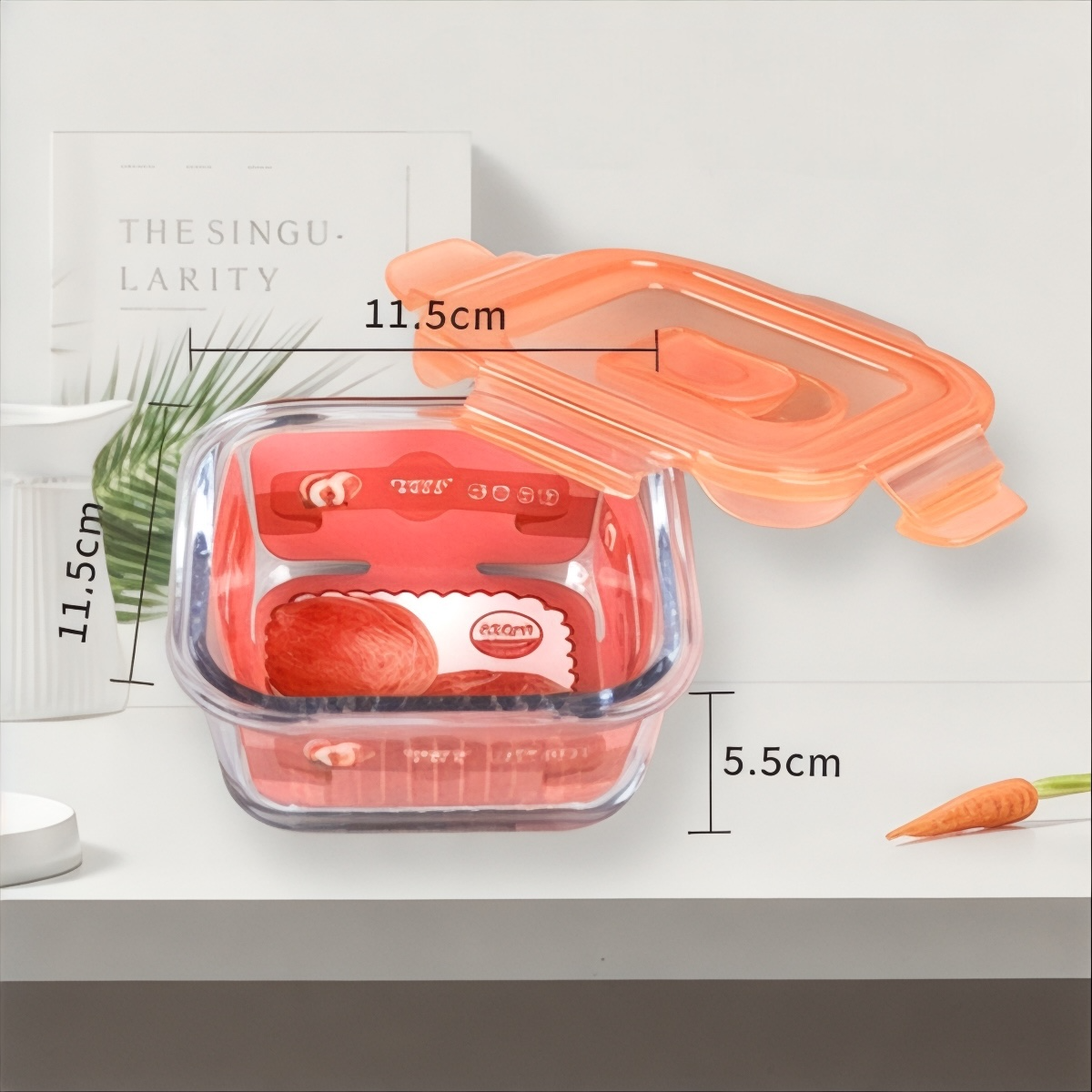 Transparent glass square container with airtight lid 320ml - Orange