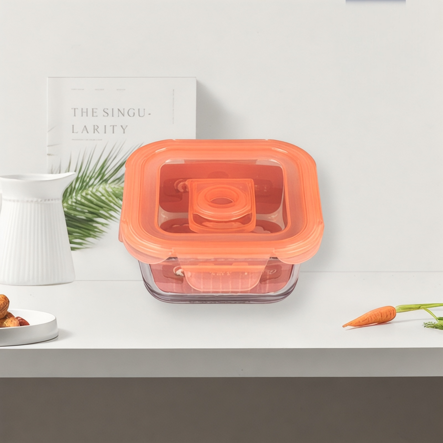 Transparent glass square container with airtight lid 520ml - Orange